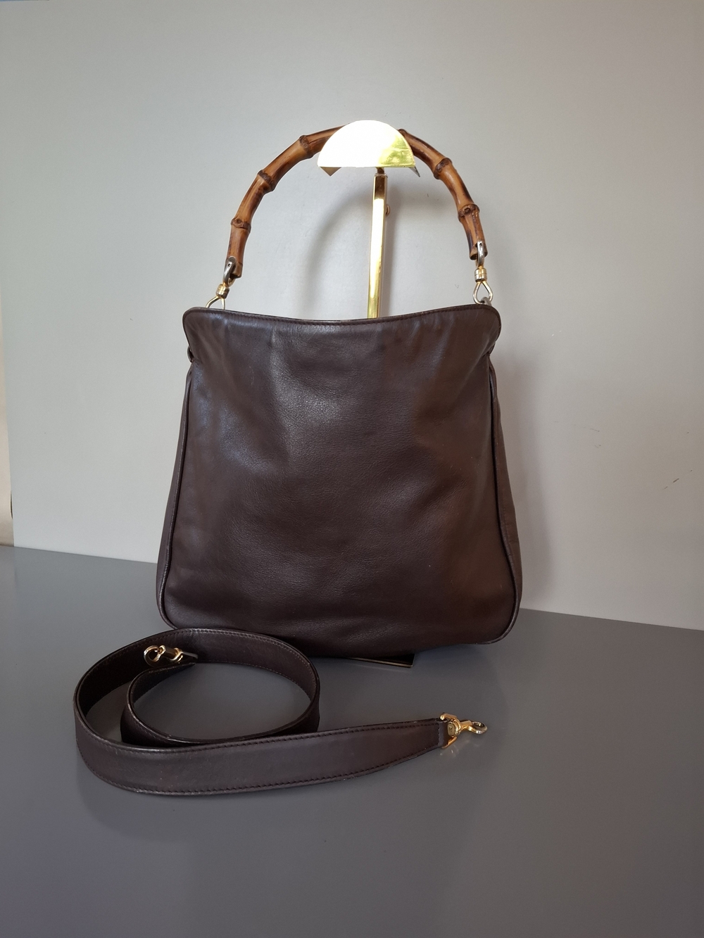 Gucci Dark Brown Leather Shoulder Bag with Bamboo Handle